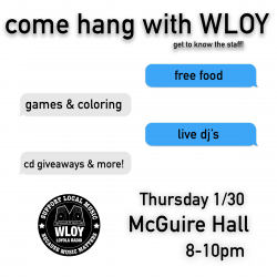 come hang with wloy poster / blue and white bubbles with text / WLOY