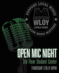 open mic night / black backrgound with green microphone and white writing / WLOY